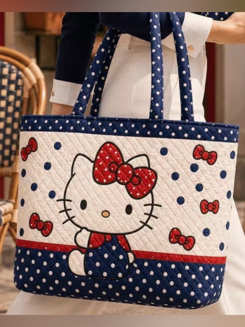 Hello Kitty Navy, White & Red Quilted Polka Dot Tote